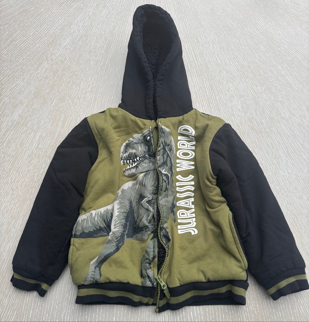 Jurassic World Boys Size 7 T-Rex Sherpa Lined Zip-Up Hoodie Jacket Green Black